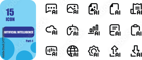 Minimalist AI icon pack line style showing applications such as chat cloud image photo document upload file clipboard article download setting barcode global game and analytics