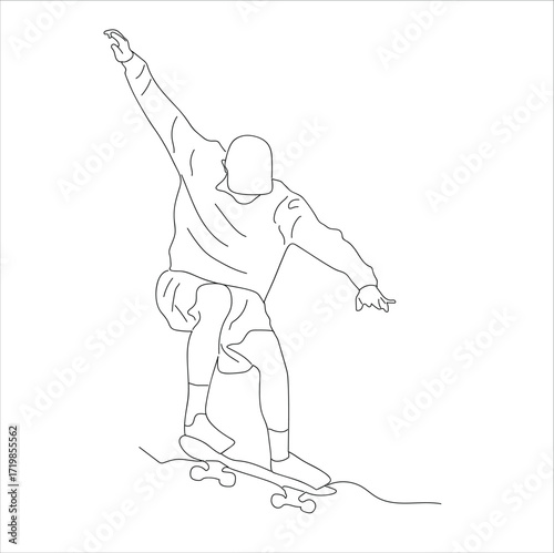 man skateboarding.Young bearded man jump skateboard. line art