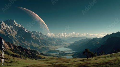 Serenity landscape with celestial body emerging over mountain range vista