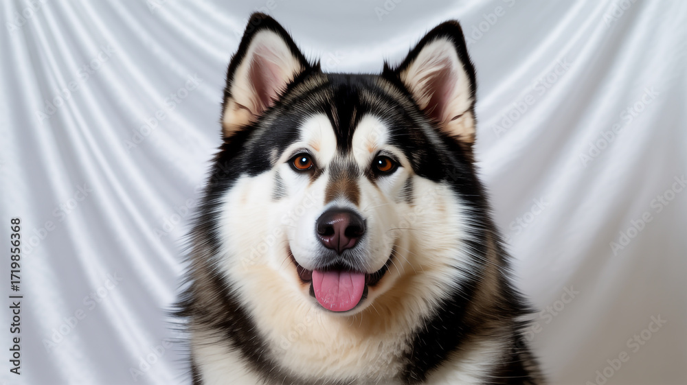 Obraz premium Closeup portrait of a majestic alaskan malamute with a happy expression, showcasing its fluffy fur and friendly demeanor against white background
