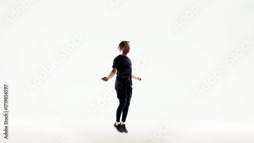 Man performing intense jump rope workout in bright studio for fitness training