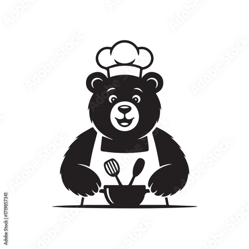 Black silhouette of a friendly bear wearing a chef hat and apron, holding a bowl and utensils, isolated on white background technology background