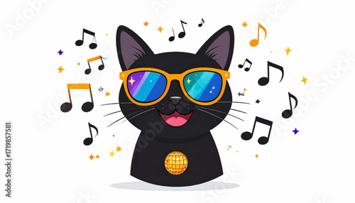 Happy Cat with Sunglasses and Musical Notes A Cheerful Illustration for Music Lovers