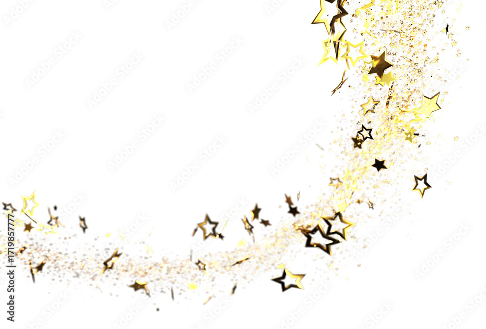 Obraz premium Sparkling gold stars and glitter trail, perfect for celebratory designs. Ideal for cards, banners, and festive backgrounds.