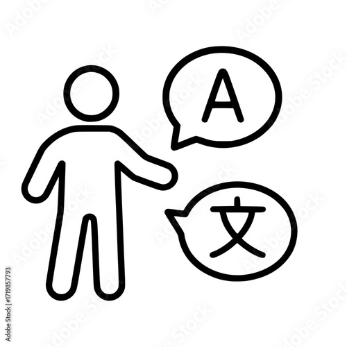 Icon of person translating languages, english and chinese symbols
