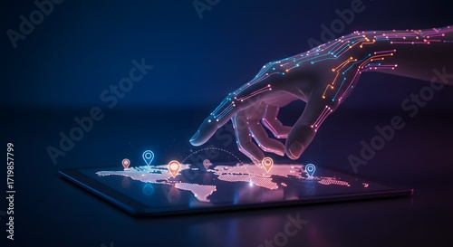 Futuristic Hand Interacting with Digital World Map on Tablet
