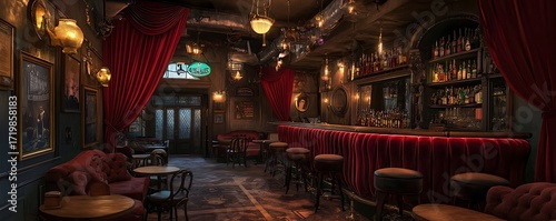 Secret prohibition-era bar with red velvet drapes and smoky jazz ambiance