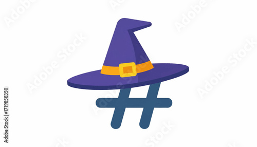 Creative illustration of a hashtag wearing a witch's hat, symbolizing online Halloween discussions and festive posts