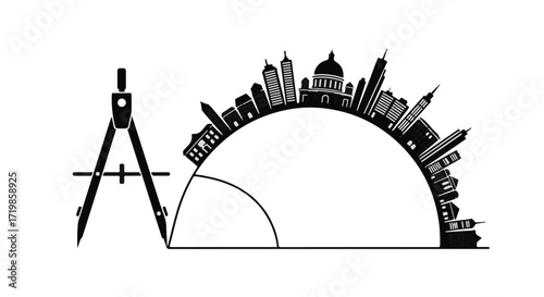 Architectural design compass measuring city skyline growth and urban planning