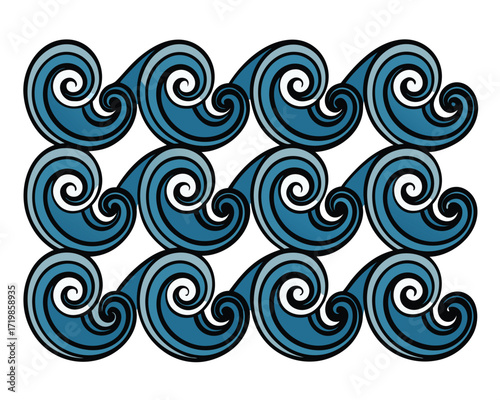 Seamless Blue Water Wave Pattern Design with Swirls for Textile and Background