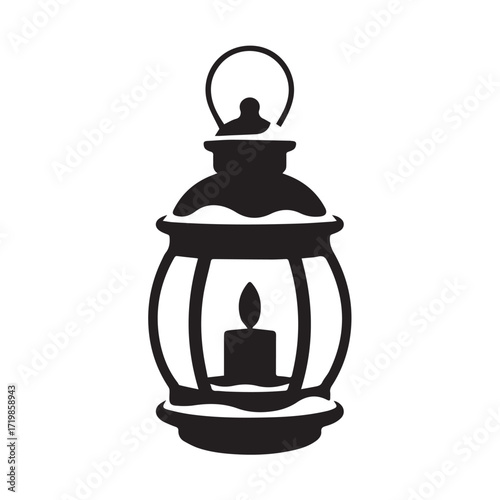 Black silhouette of a vintage lantern with a lit candle inside, isolated on white background technology background