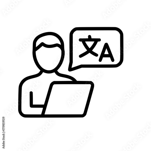 Translator using laptop with language translation, line icon style
