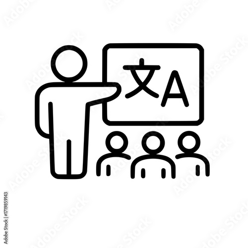 Icon of teacher presenting foreign language alphabet to students
