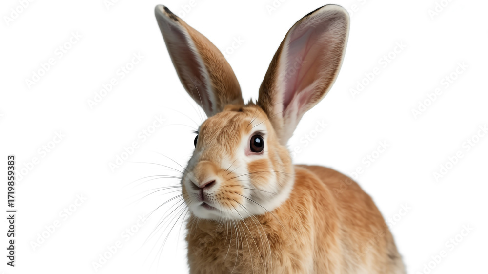 Obraz premium A closeup of a brown rabbit with long ears and black eyes looking at the camera, isolated on white background the fur is detailed