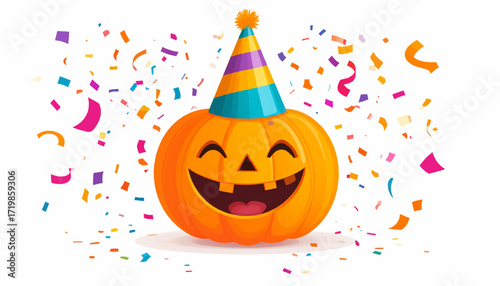 Happy Halloween pumpkin with a party hat surrounded by confetti, celebrating the holiday season