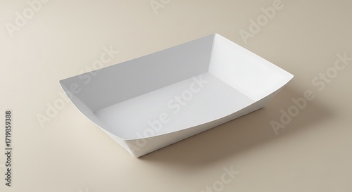 Mockup a clean white paper food tray on a light beige background, isolated for commercial usage