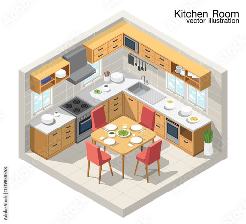 Vector isometric modern kitchen room. Small kitchen. Bar counter with chairs, modern furniture, stove, oven.