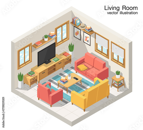 Vector isometric living room. Room includes sofa, coffee table, tv and other furniture