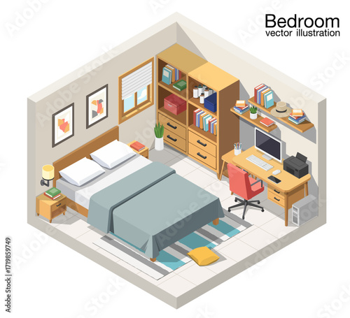 Modern bedroom interior with furniture in isometric style