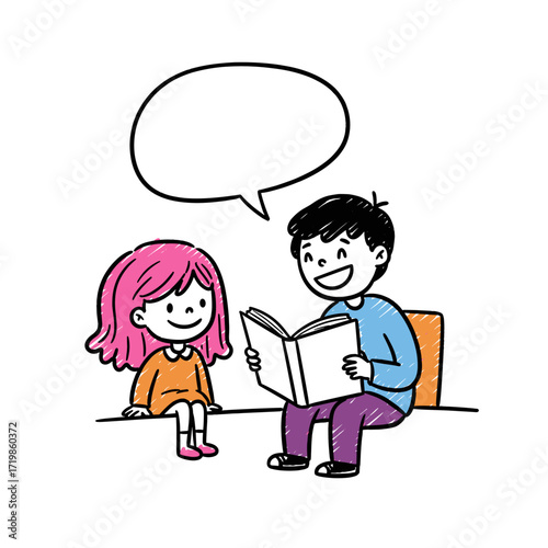 Two children reading a book together with speech bubble above  