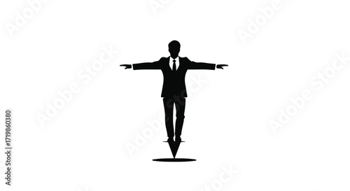 Silhouette of businessman balancing precariously on a pin, symbolizing risk and challenge in business.