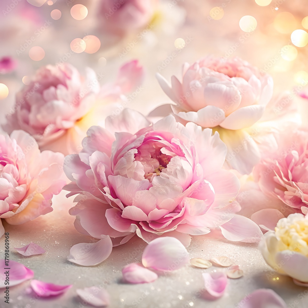Obraz premium Dreamy Pink Peonies with Soft Lighting and Bokeh Perfect for Romantic or Feminine Designs and Backgrounds