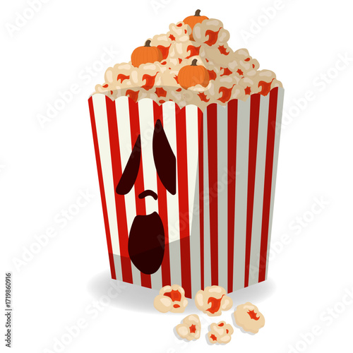 A playful popcorn box with a spooky ghost face, topped with pumpkin-decorated popcorn and scattered pieces.