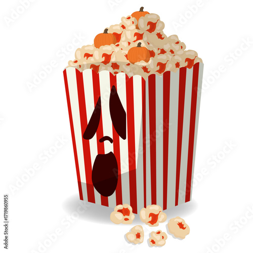 A playful popcorn box with a spooky ghost face, topped with pumpkin-decorated popcorn and scattered pieces.