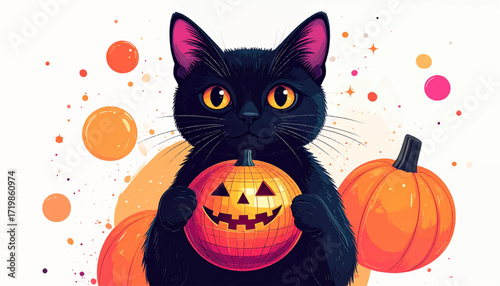 Cute black cat with captivating yellow eyes holds a festive Jack-o'-lantern, celebrating the spooky fun of Halloween with pumpkins and confetti