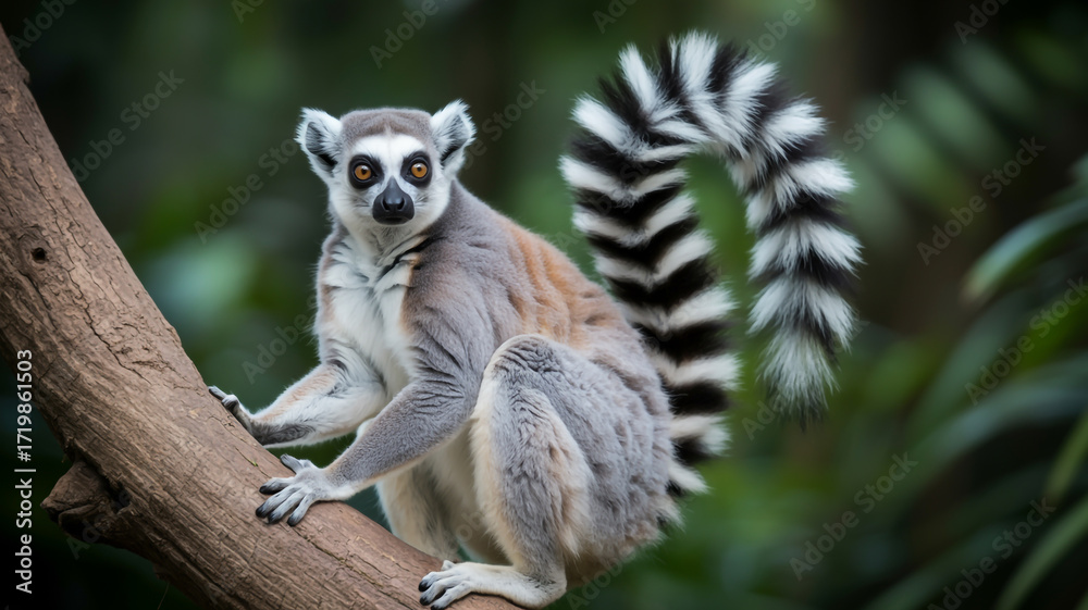 Fototapeta premium Ringtailed lemur sitting on a tree branch in a forest, showcasing its distinctive tail and expressive eyes, wildlife photography, madagascar