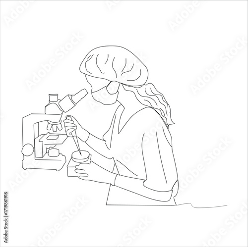 woman with a microscope.Woman Scientist Continuous One Line Drawing. Woman with Microscope One Line