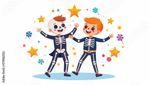 Two smiling children dressed as skeletons, dancing happily among colorful stars and candies, celebrating Halloween
