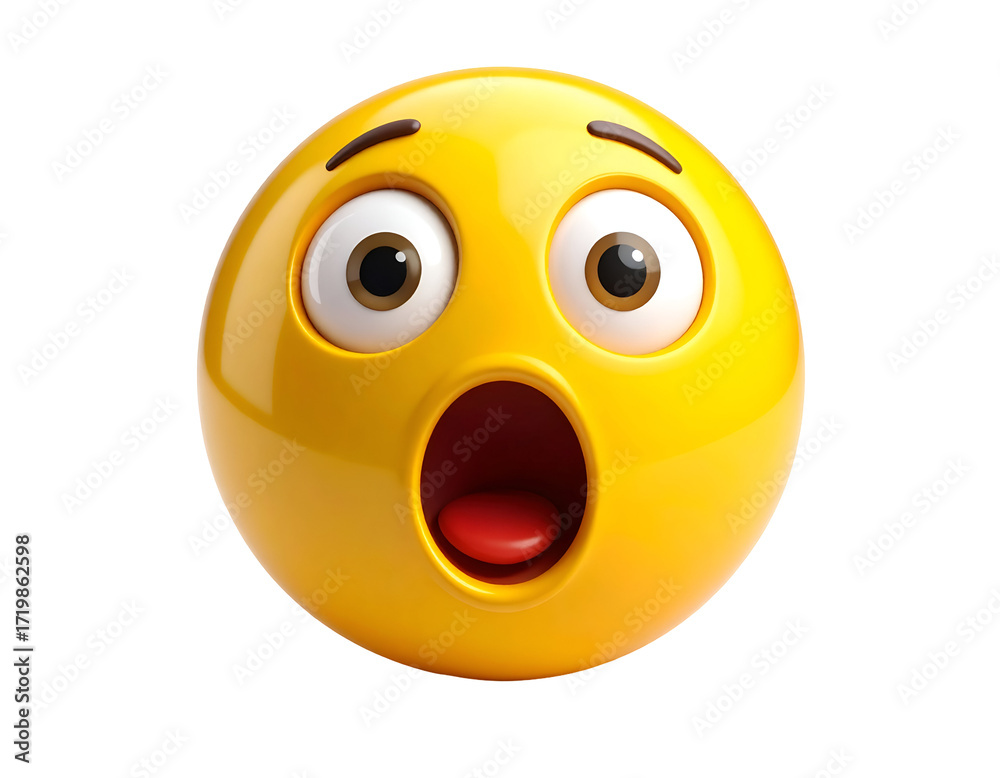 Fototapeta premium A vibrant yellow emoji with wide eyes and an open mouth, expressing surprise and astonishment in a playful manner.