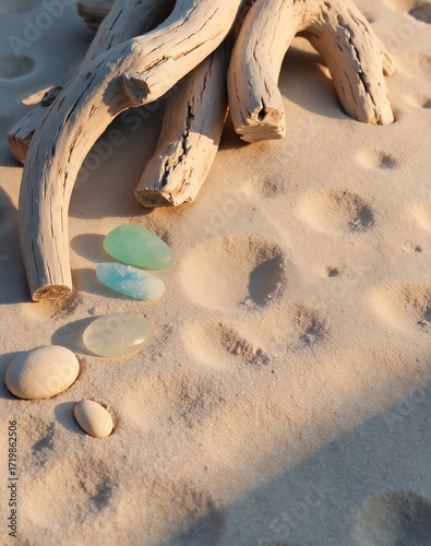 Serene beach still life with driftwood and sea glass in warm golden sunlight