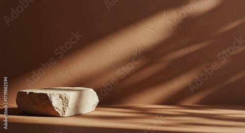 Mockup natural stone podium with shadow overlay on brown background, minimalist product display for commercial usage