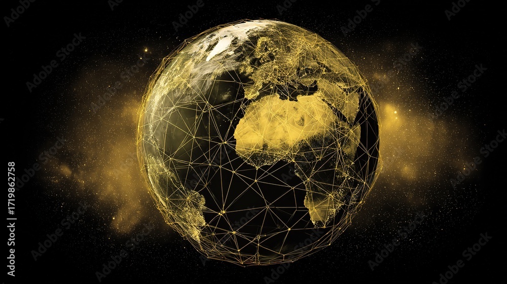 Naklejka premium satellite. Satellite view of Earth with golden connection points, abstract digital networks against deep space. product launch decks.