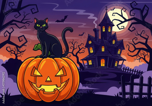 Spooky black cat sits on a jack o lantern in front of a haunted house