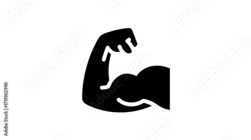 A clean, minimalist vector art icon of a flexed bicep, representing strength and power. The design is a solid black silhouette with smooth curves and a strong, defined shape.