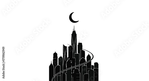 Stylized silhouette of a modern cityscape under a crescent moon, evoking urban mystery and nighttime allure.