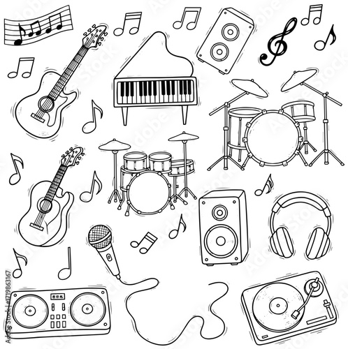 Dynamic musical instruments and audio equipment collection creates vibrant soundscape vibes