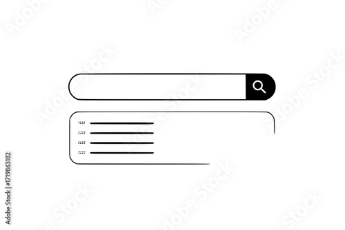 Search bar ui window with a drop-down suggestion list appears directly beneath the search bar vector illustration.
