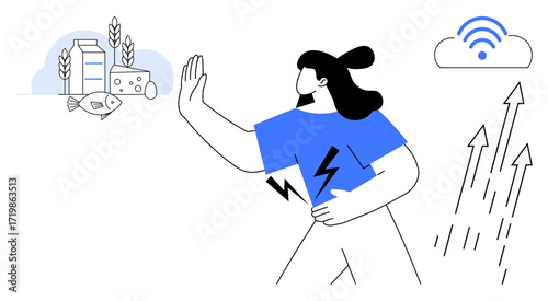 Woman ignoring various food items including fish, cheese, and milk holding a hand up with bold determination. Ideal for technology, sustainability, health, rejection, empowerment, decision-making
