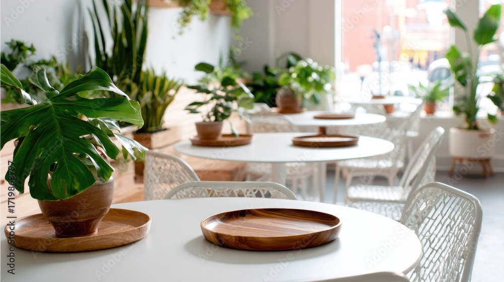 Fototapeta premium Inviting cafe setup with white cafe tables, wooden trays, and leafy plants placed throughout the space
