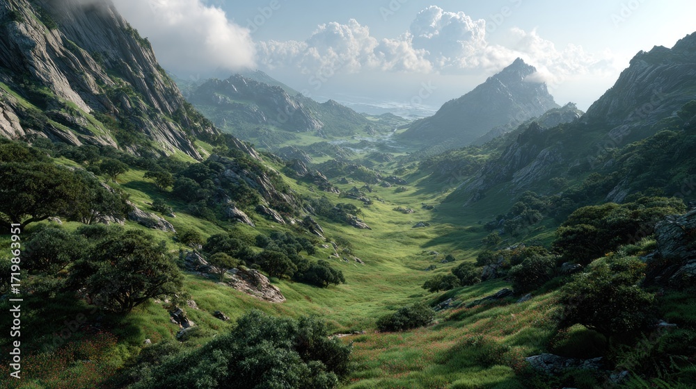 Fototapeta premium Verdant Valley Vista: A stunning mountain valley with grass and foliage