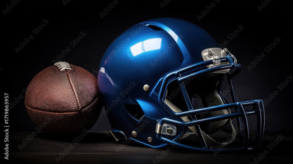 Naklejka premium Dramatic Low-Key Lighting - Blue Football Helmet and Brown Leather Ball.