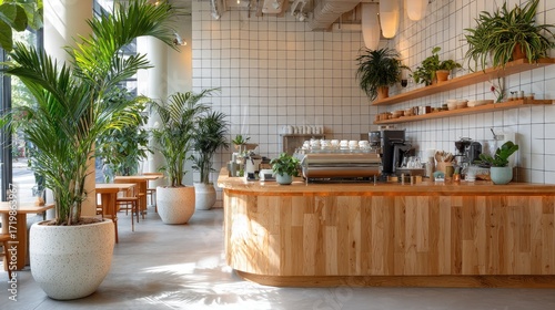 Modern cafe interior featuring a wooden espresso bar, white tiled walls, and tropical plants in ceramic pots