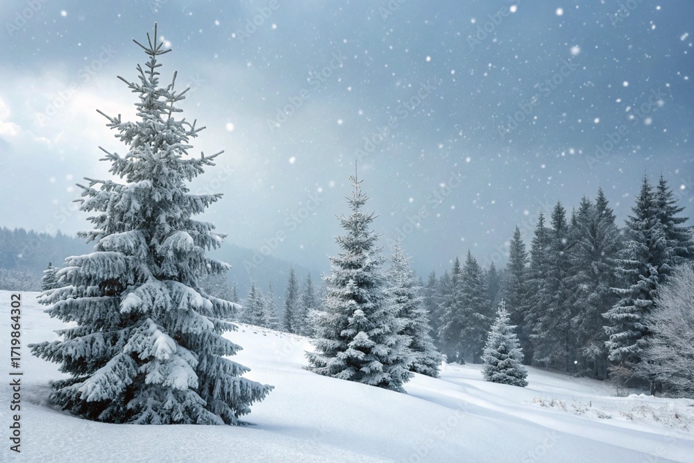 Fototapeta premium Winter background. Christmas landscape with snow and fir trees.