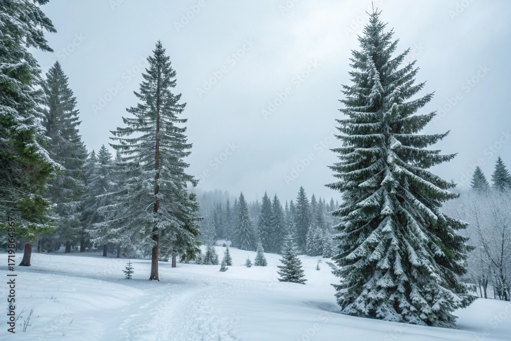 Obraz premium Winter background. Christmas landscape with snow and fir trees.