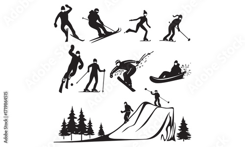 Winter Sports Icons & Skiing Silhouettes – Snowboarding, Ice Skating, and Snow Gear Vector Collection