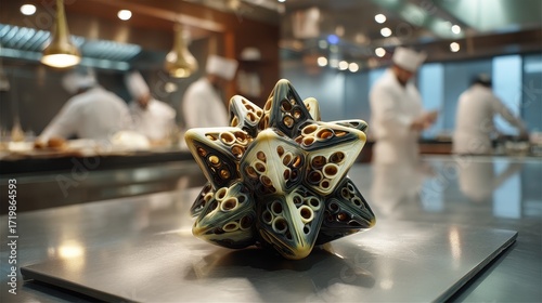 Fototapeta Naklejka Na Ścianę i Meble -  3D printed food sculpture intricate geometric design metallic countertop futuristic gastronomy technology innovation concept